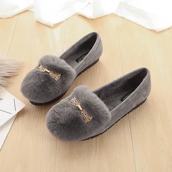 

Flat Heel Shoes Rabbit Fur Lady Winter Shoes Black Gray Slip on Loafers Lazy Shoes 33-43 Large Size Round Head Warm Fur Flats