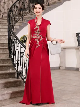 

Improved cheongsam dress Chinese style red high-end cheongsam long elegant banquet Stage host short-sleeved evening dress women