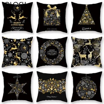 

Black Christmas Cushion Cover Gold Elk Printing Xmas Polyester Throw Pillow Cover Sofa Square Pillowcase for Couch Decoration
