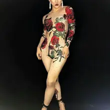 Яркие стразы, роза, цветок, комбинезон для женщин, сексуальный наряд, вечерние костюмы, одежда для сцены, боди, танцевальный певец, комбинезоны, DJ