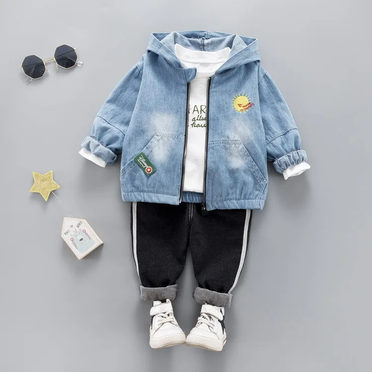 

2019 Spring Boys And Girls Suits Hooded Soft Denim Three-piece Set Children CHILDREN'S Three-piece Suit