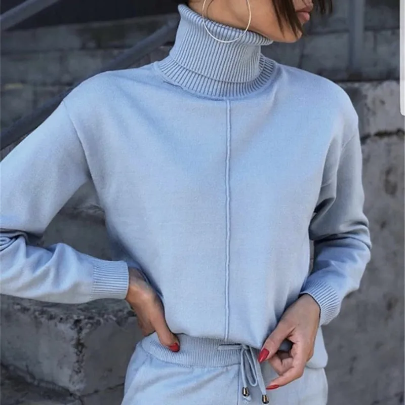 

Knitted 2 Piece Set Turtleneck Long Sleeve Sweatshirts+Pant two Piece Set Autumn Winter Women Tracksuit Female Sporting Sets
