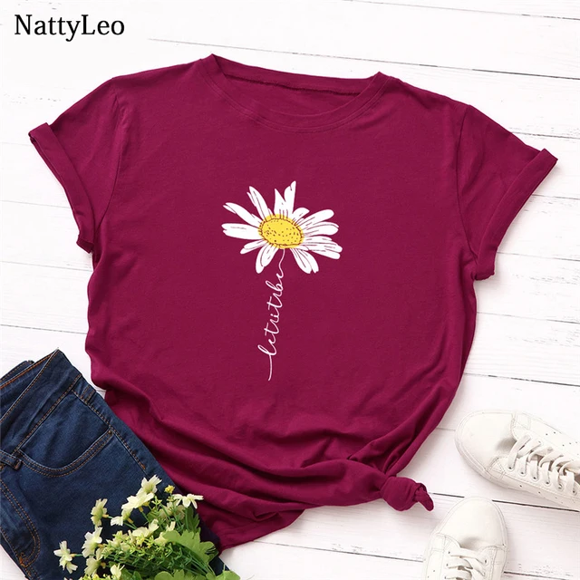 Summer S 5XL Plus Size T Shirt Women Cute Daisy Print T Shirt 100 Cotton Women