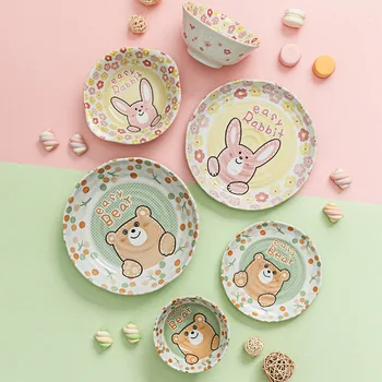 

Children's Ceramic Tableware Set Cartoon Ceramic Tableware Children's Ceramic Rice Bowl Dinner Plate Rabbit Bear Ear Bowl