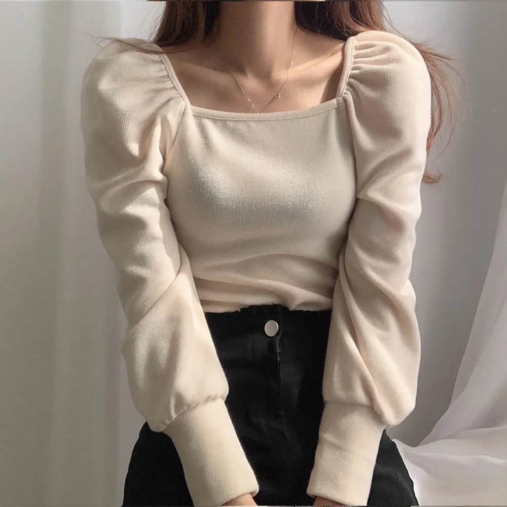 Woherb, женский модный базовый вязаный свитер с пышными рукавами, Осенний однотонный Повседневный облегающий вязаный пуловер, корейский винтажный джемпер