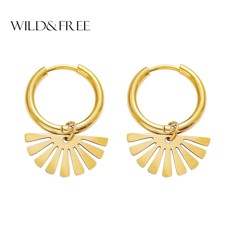 

Wild&Free Fashion Stainless Steel Hoop Earrings Gold Color Hollow Out Sector Geometric Pendant Leaf Earrings For Women Jewelry