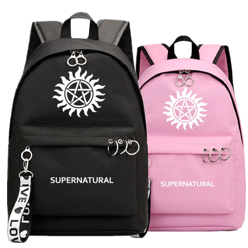

SPN Supernatural Evil Fans Backpack School Book Bags Mochila Travel Bag Laptop Ribbon Ring Circle Boy Girls Backpack Pink Black