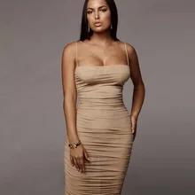 Robe transparente plissée à bretelles pour femmes, nouvelle collection d'été, couleur unie, maille transparente, sexy 