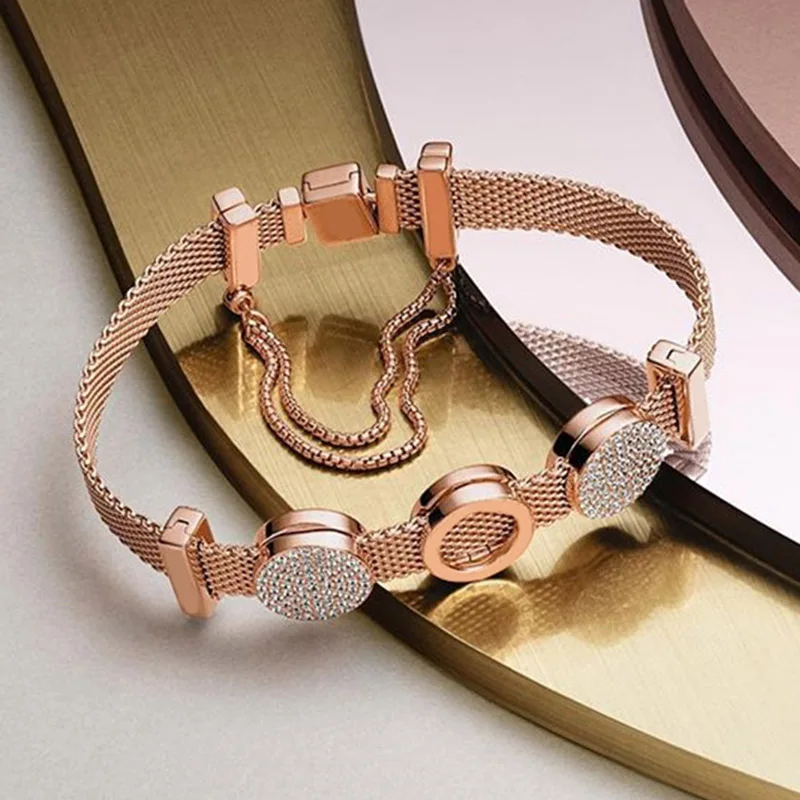 

NEW 100% 925 Sterling Silver Reflexions Bracelet Set Rose Gold Zircon Elegant Fit European DIY Original Charm Bead Jewelry Gift