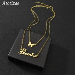 Atoztide Customized Name Necklace Butterfly Choker Stainless Steel Letter Double Layers Chain Pendant Jewelry for Women Gift