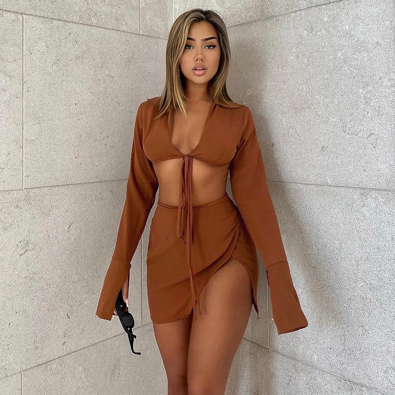 Wefads Dress Suit 2021 Autumn New Women's Long-sleeved Lace-up Cardigan Sexy Split Hip Skirt Casual |