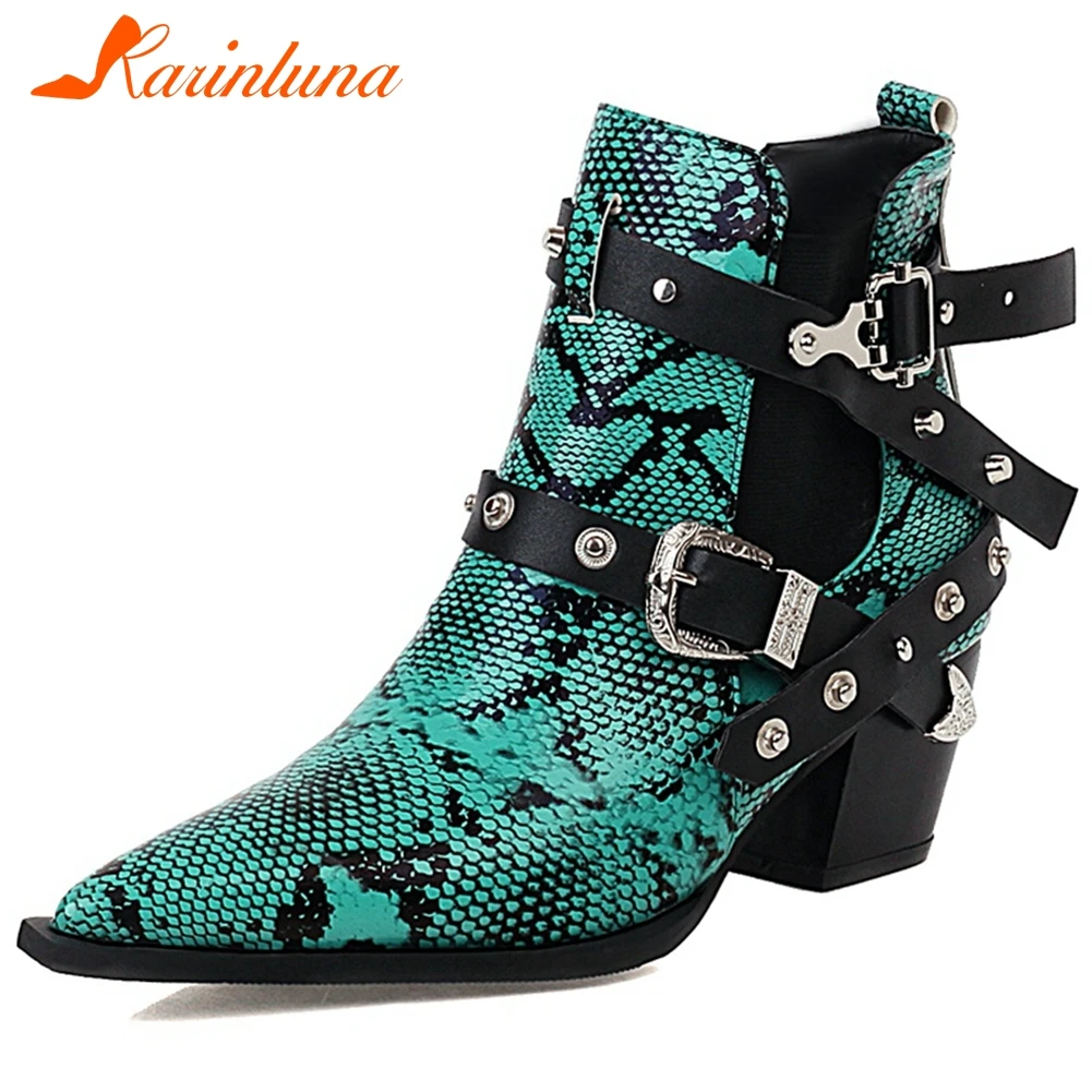 

KARINLUNA Plus Size 34-50 Female Autumn Mixed Colors Boots Pointed Toe Thick High Heels Buckle Women Boots Ankle Women Shoes