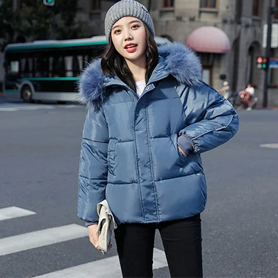 Меховое зимнее хлопковое пуховое пальто с капюшоном, Женская однотонная тонкая куртка больших размеров, Корейская утолщенная теплая парка, пальто Vetement Femme - Цвет: Blue