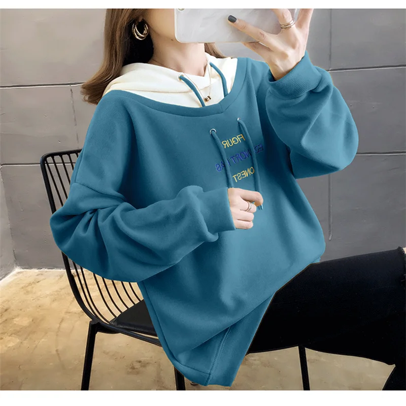 

Autumn Winter Clothes Casual Fleece Loose Long Sleeve Patchwork Long Pullover Dropship Hooded Hoodies Women Sweatshirt Thick
