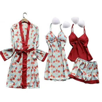 

2020 4 Pieces Women Spaghetti Strap Dress Flower Print Satin Pyjamas Robe Suit 83XF