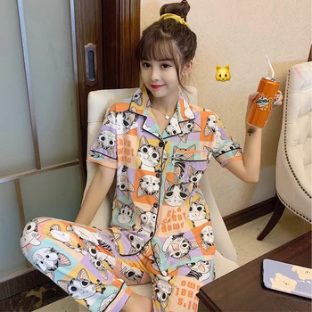 

Pajama Sets Women Leisure Daily Printed Turn-down Collar Womens Soft Elegant Long Sleeve Korean Style Kawaii Student Sweet Thin