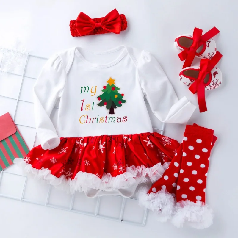 4Pcs First Christmas Baby Romper Tutu Dress Set Newborn Baby Girl Clothes Gown Party Dress+Headband+Shoes+Leg warmer