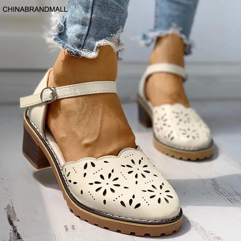 

Shoes Woman Sandals Flat Women's Ladies Fashion Casual Daily Hollow Out Square Heel Leather Shoes Sandals Chaussures Femme