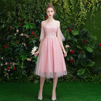 

Bridesmaid Dresses Cameo A Line Tea-Length Crepe Formal Wedding Party Gowns O-Neck Sling Half Sleeve Sexy Vestido De Festa R001