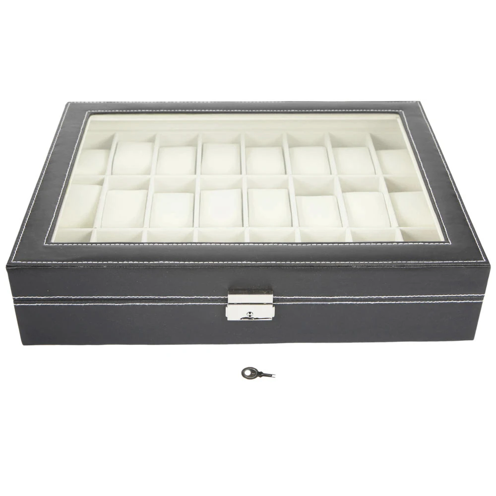 

24 Compartments Top-level Opening Style Leather Watch Collection Box Black Portable Practical Universal Watch Box