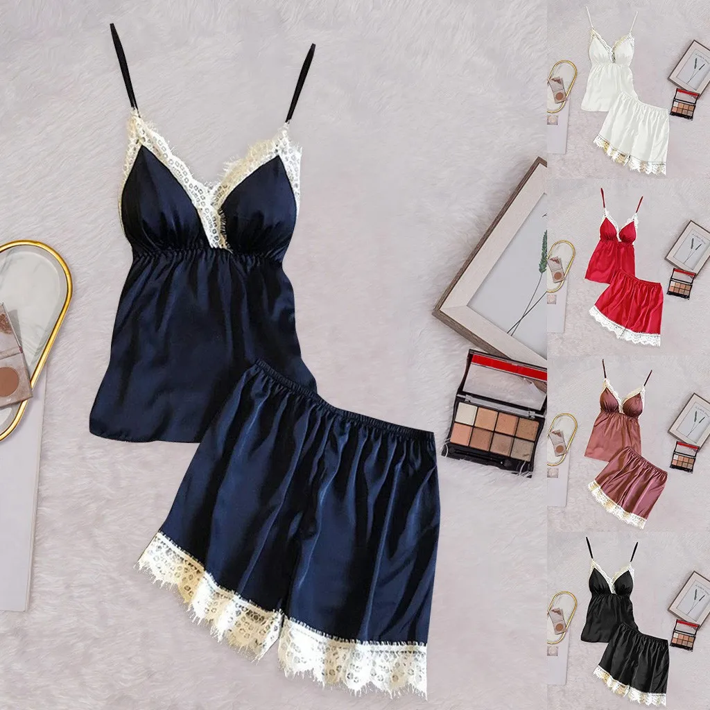 

Pajamas Set Women silk nightshirts for women Lingerie Nightwear peignoir Underwear nightgown Short Sleepwear camisola gecelik