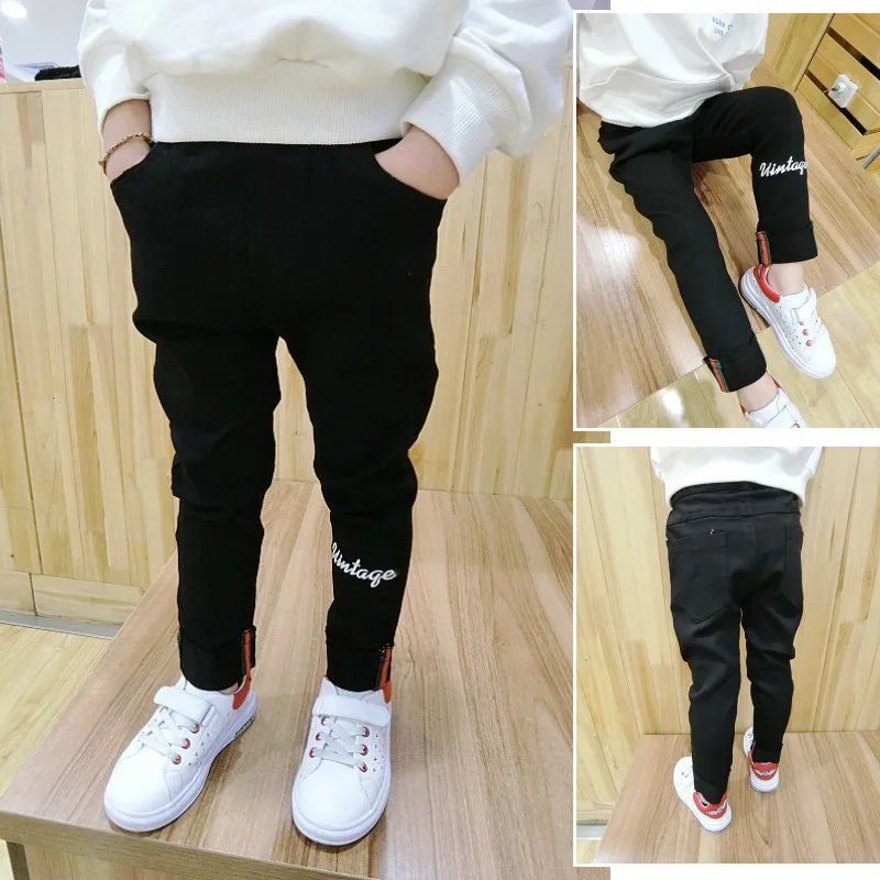 

2018 Autumn New Style Men And Women Children Stretch Trousers Medium-small Embroidery Lettered Red Foot Mouth Pencil Pants Fashi