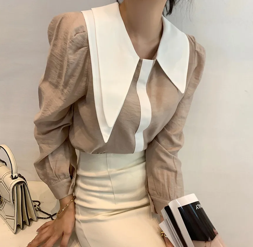 

Spring And Autumn French Retro Contrast Color Chic Loose Puff Sleeve Shirt Women