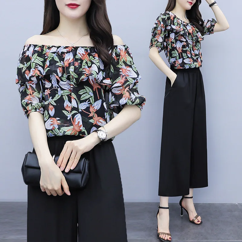 

Fashion Set 2019 Summer Wear Horizontal Neck Double Purpose Floral-Print Tops + Elastic Waist Loose Pants Two-Piece Set