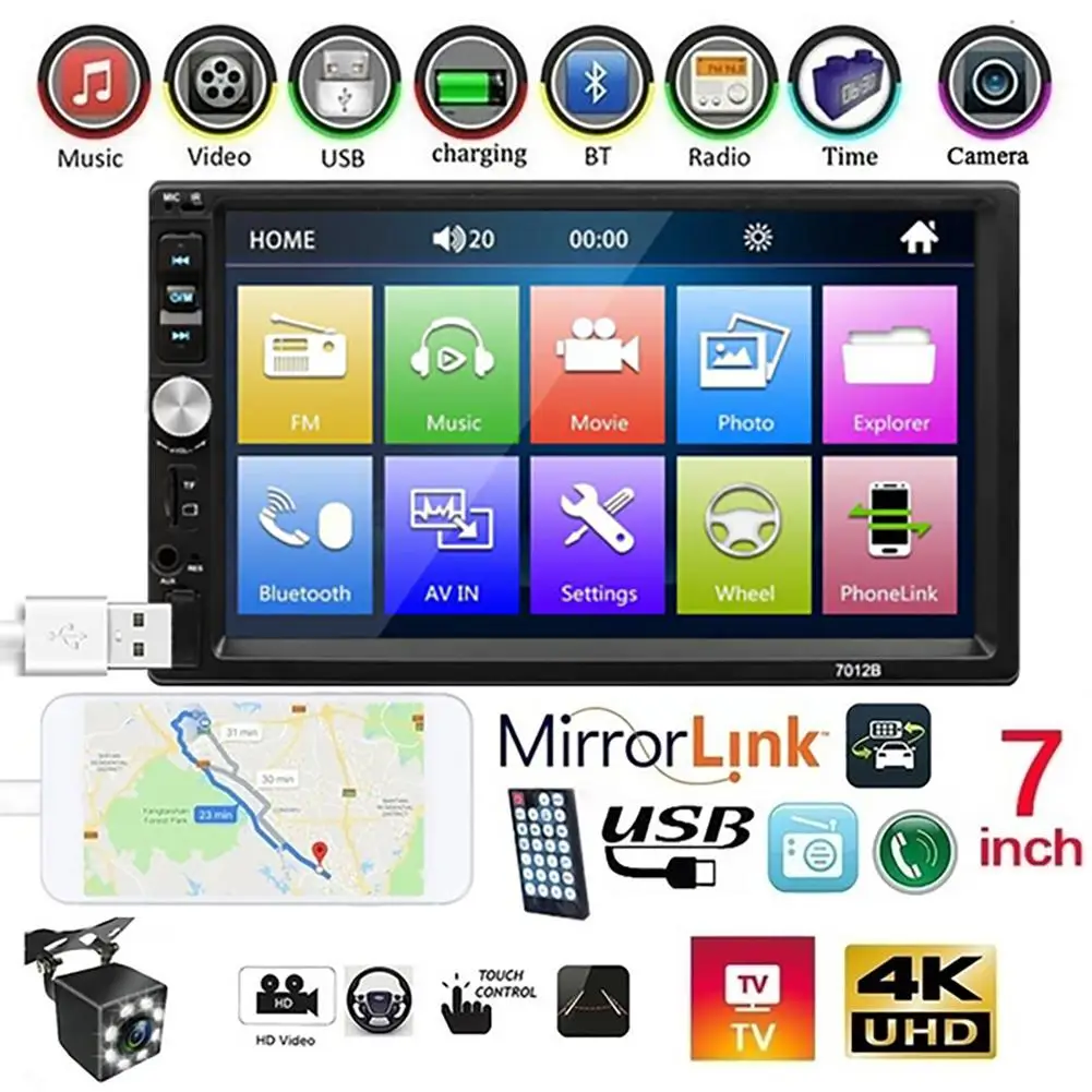 7012B 1080P 2 Din Car Stereo Audio Radio Bluetooth 7&quot HD Touch Screen Monitor MP5 Player SD FM USB Rear View Camera | Автомобили и