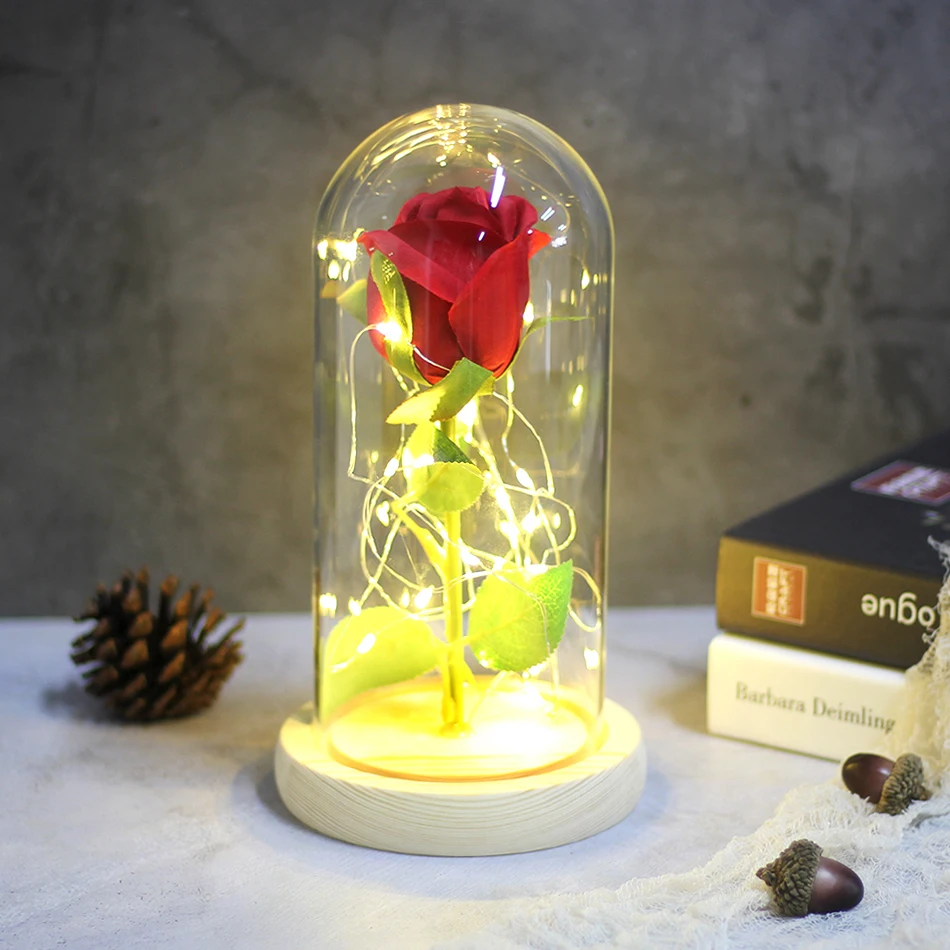 6 цветов Красота и чудовище красная роза в стеклянном куполе на деревянной основе для подарков Святого Валентина светодиодный лампы с розами рождественские подарки