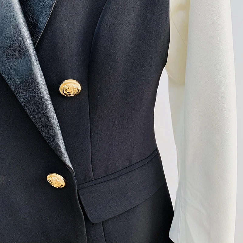 HIGH STREET New Fashion 2024 Classic Varsity Jacket Women's Lion Buttons Double Breasted Leather Sleeve Patchwork Blazer 5