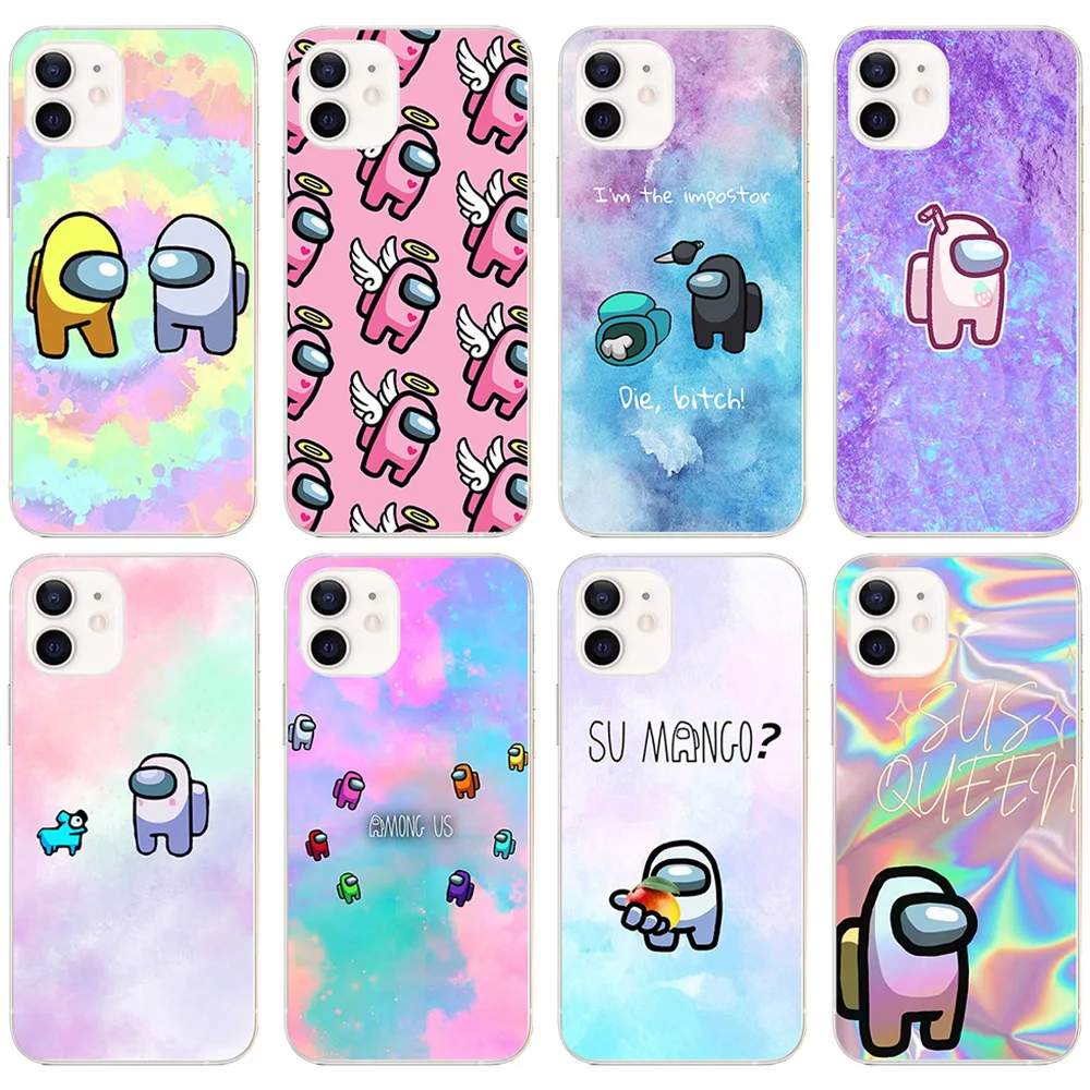 

Among us Heart Case For iPhone 12 Mini 11 Pro Max X XS XR 7 8 Plus 6 6s SE 2020 Game Cover Transparent Cute Rainbow TPU Fundas