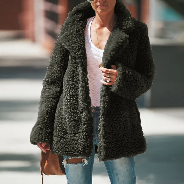 US $13.19 Faux Fur Thicken Women Jacket Coat Plus Size 5XL Top Long Sleeve Turn Down Collar Female Coats Soli