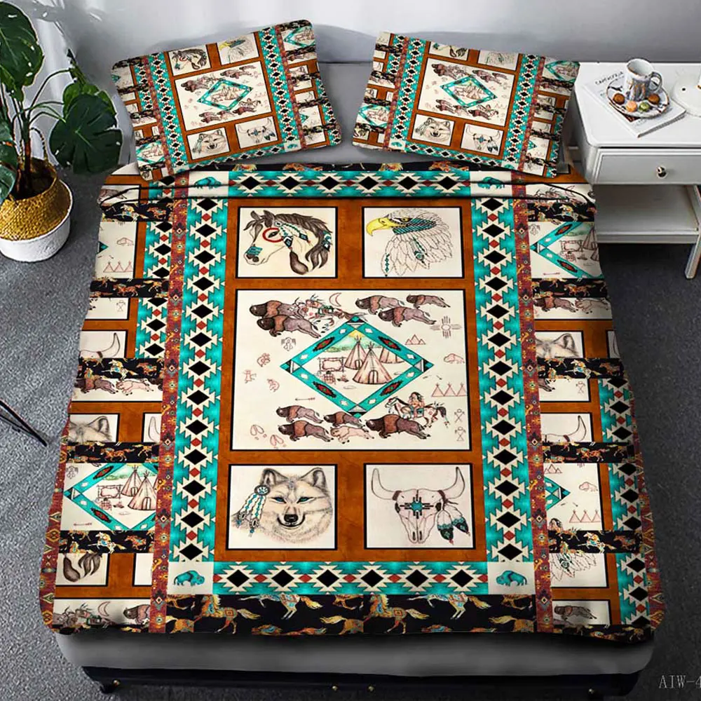 

Tribal Duvet Cover Set Wolf hawk horse Abstract Pattern with Art Print3pcs california king bedding set queen