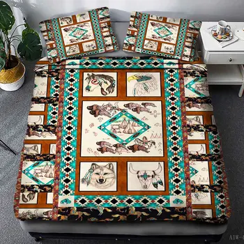 

Tribal Duvet Cover Set Wolf hawk horse Abstract Pattern with Art Print3pcs california king bedding set queen