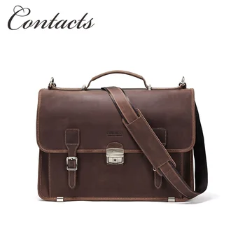 

Contacts genuine crazy horse leather vintage Men Briefcase for macbook air 13.3 inch hasp male handbag messenger bag laptop bag