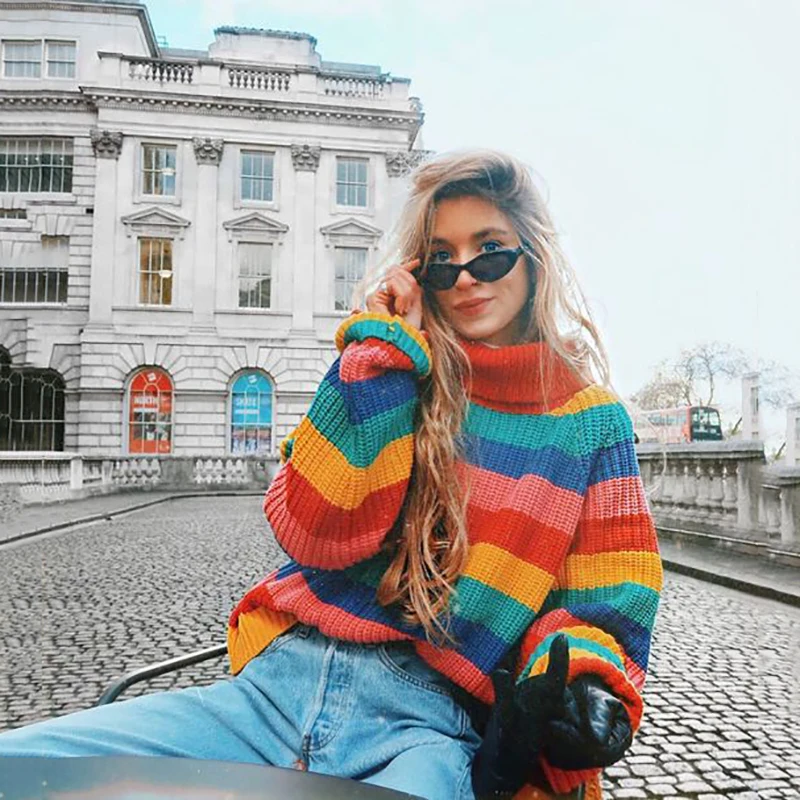 Spring Winter Women Casual Rainbow Turtleneck Sweaters Knitted Clothes Fashion Striped Oversized Pullover Female