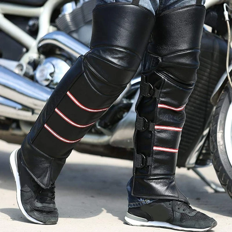 PU Leather Windproof Motorcycle Leg Warmer Knee Pad Thick Plush Knee Protective Guard Winter Windproof Long Knee Brace Support Adjustable Motocross Bike Bicycle Riding Warmer Kneepad Leggings Cover