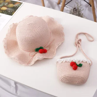 cherry pink Милая шляпка для девочек, летняя кепка, дышащие соломенные шляпки, цветная шляпка для милой принцессы, пляжная шляпа с сумкой, детские шляпы, От 2 до 6 лет - Цвет: cherry pink