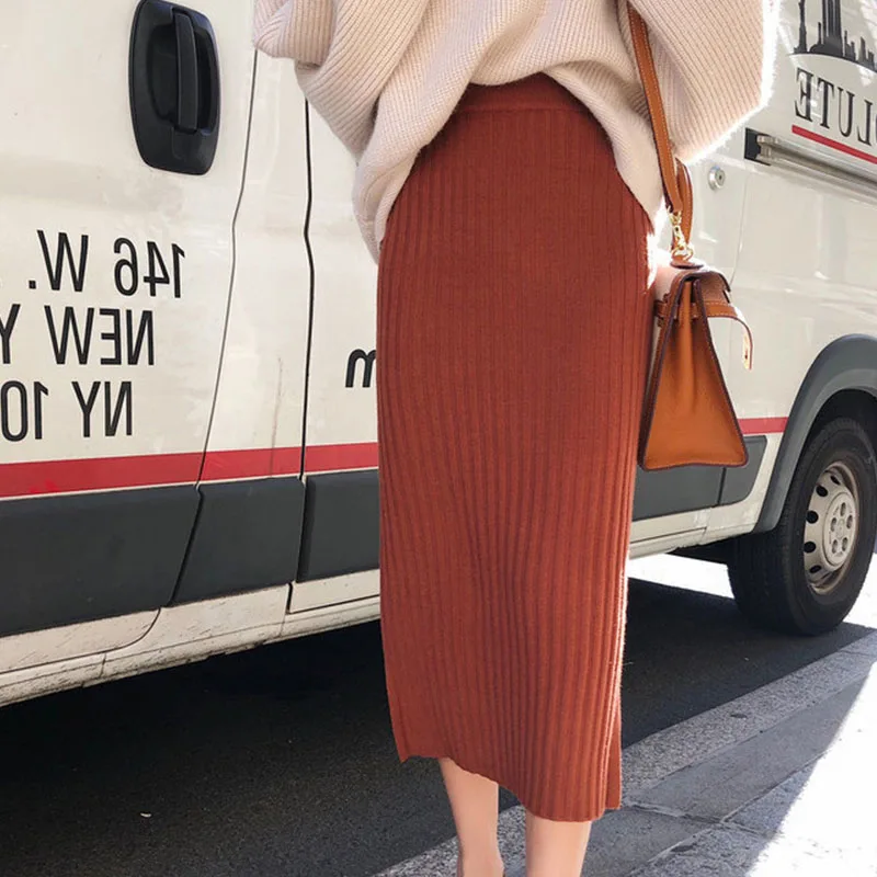 Orange Skirt Корейская Осенняя Женская одежда, Свободный Повседневный свитер, набор, карандаш, эластичная юбка, наборы, женский зимний теплый вязаный комплект из двух предметов, Женский комплект - Цвет: Orange Skirt