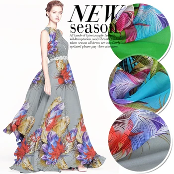

3 Meter Feather Print Dress Shirt Natural Silk Scarf Beach Skirt Printed Chiffon Fabric Soft