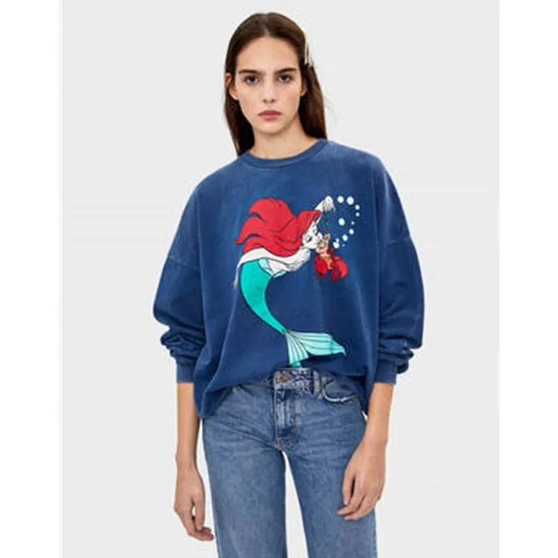 High street женские толстовки балахон мультфильм Русалка Свободные толстовки для женщин Толстовка повседневные женские пуловеры Топ