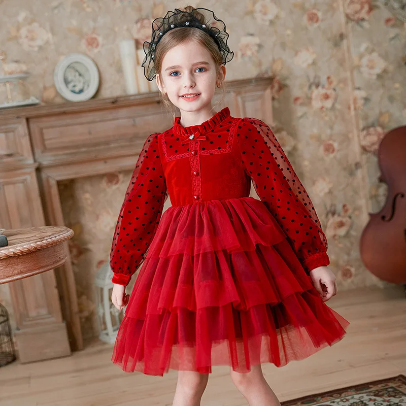 Modern Long Sleeve Velvet Girls Red 