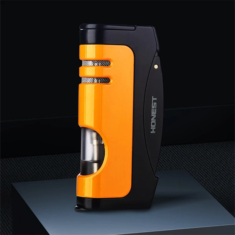 Yellow HONEST зажигалки для трубки металлическая ветрозащитная Бутановая газовая зажигалка многоразовый фонарь струйный огонь сигаретная Зажигалка Встроенная сигара удар - Цвет: Yellow
