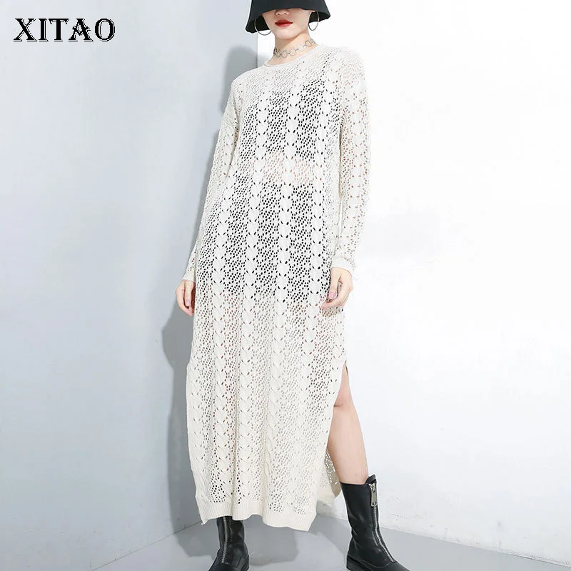 

XITAO 2019 Autumn New Perspective Sexy Knitwear Dress Women Split Long Ladies Dresses Hollow Long Sleeve Women Clothes WLD2768