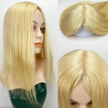 10A European Virgin Long Human Hair Topper 15X15CM Skin Base #613 Blonde Women Topper Wigs Fine Hairpiece Toupee with 4 Clip Ins 1