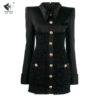 

Foreign Trade High-End Quality 2020 Popular Lion Buckle Rivet Buckle Satin Satin Bright Silk Woolen Splicing Dress