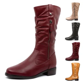 

Women's Shoes 2020 Winter Boots Women Mid-calf Thick Heels Lady Boots Side Zipper Point Toe Comfortable PU Leather Shoes