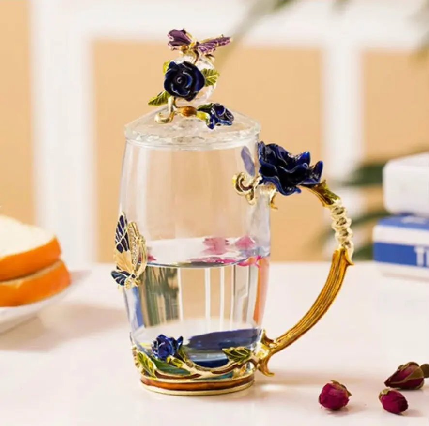 Koop Rode Roos Emaille Glas Koffie Mokken Thee Kopjes En Mokken Handgemaakte Hittebestendige Glazen Water Cup Drinkware Lover Gift Bruiloft cup