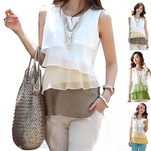 

Women Chiffon Sheer Shirt Round Neck Sleveless Blouse Pullover Multilayer Ves tPlus Size Blusa Feminin